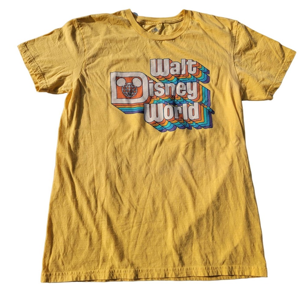 Disney Parks Walt Disney World Retro Rainbow Logo Mickey Yellow Shirt Size M